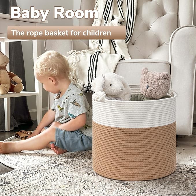 Goodpick Cotton Rope Storage Basket, 15 x 14.2 Inches Jute Woven Basket for Blankets Clothes Organizing, Baby Laundry Baskets Toy Storage With Handle, White Jute