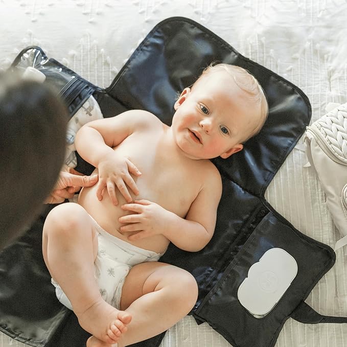 Tiny Twinkle Portable Diaper Changing Pad – Foldable, Waterproof & Compact Travel Changing Mat with Storage | Smart Wipes Pocket for On-The-Go Parents(Black Checkers)