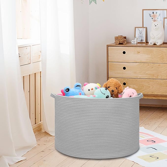 Extra Large Blanket Basket 87L, Laundry Hamper, Baby Nursery Hamper for Storage Toys Clothes Towels, Large Cotton Rope Laundry Basket for Girls Boys, 22”x 14”, Light Gray