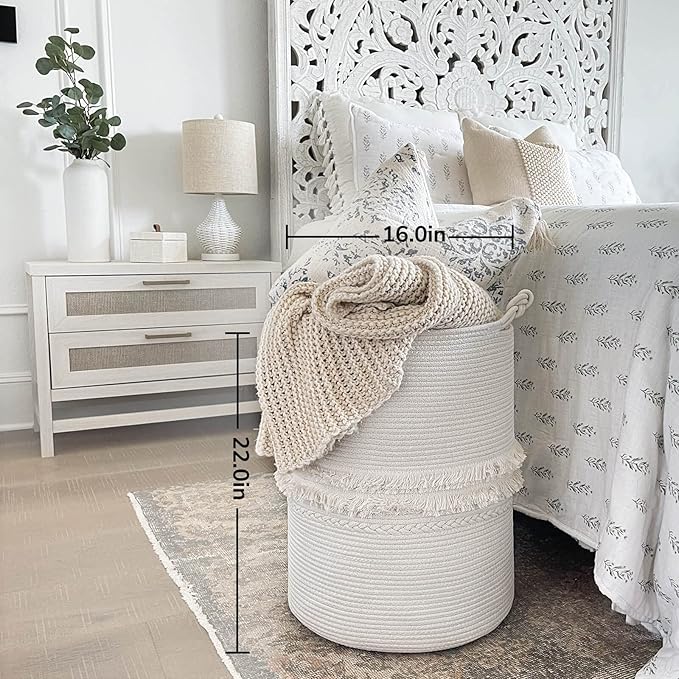 CherryNow Baby Laundry Hamper for Nursery, Tall Basket for Laundry Room, White Woven Storage Basket for Clothes, Toys, Towels, 16 x 22 inches, 69L