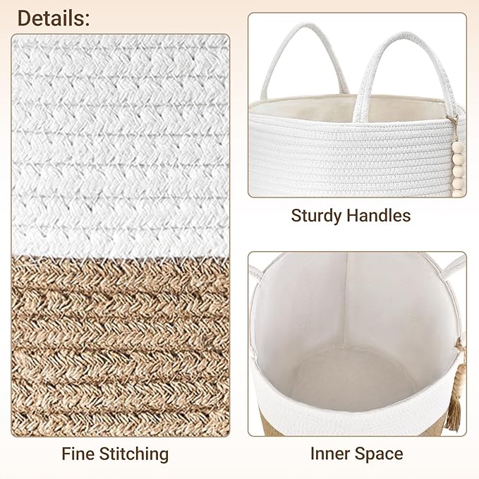 Mkono Woven Storage Basket Decorative Natural Rope Basket Wooden Bead Decoration for Blankets,Toys,Clothes,Shoes,Plant Organizer Bin with Handles Living Room Home, 16" Wx13.8 L, Cream White and Brown
