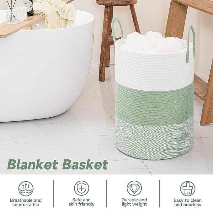 CLHMILY&Z 60L Laundry Basket Round Storage Rope Basket - 15x20.5 Inches - Green Hamper in Bedreoom and Cute Storage Bin for Blankets, Toys, and Nursery Essentials