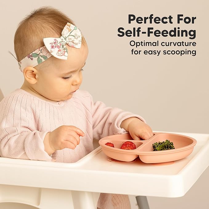 KeaBabies Suction Plates for Baby, Toddler - 3-Pack 100% Silicone Toddler Plates with Suction, Divided, BPA-Free Baby Led Weaning Essentials for Kids, Dishwasher, Microwave Safe, Durable (Roseate)
