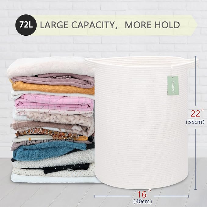 Large Laundry Hamper for Girls Boys Kids 72L, Nursery Hamper, Tall Laundry Basket, Cotton Rope Woven Blanket Basket for Storage Toys Clothes Towels, 16”x 22”, White