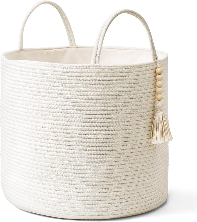 Mkono Woven Storage Basket Decorative Natural Rope Basket Wooden Bead Decoration for Blankets,Toys,Clothes,Shoes,Plant Organizer Bin with Handles Living Room Home Decor, White, 16" W × 13.8" L