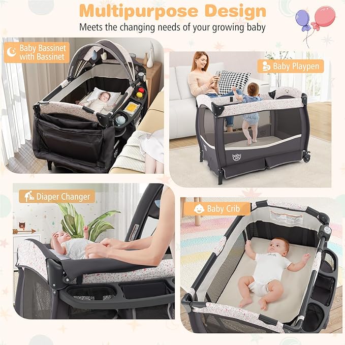 BABY JOY 4 in 1 Pack and Play, Portable Baby Playard with Bassinet & Flip-away Changing Table, Canopy, Infant Bassinet Activity Center with Storage Basket, Oxford Bag from Newborn to Toddlers (Floral)