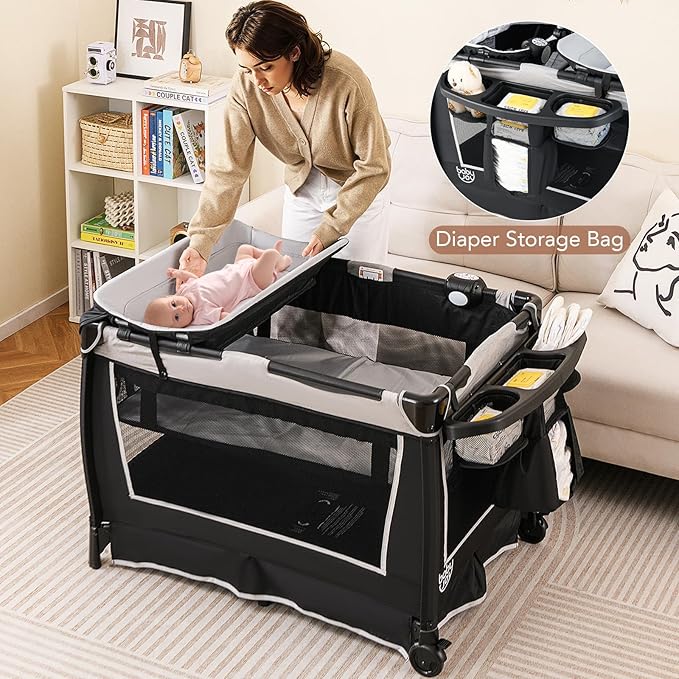 HONEY JOY Pack and Play, 5 in 1 Portable Infant Playpen with Bassinet & Changing Table, Storage Bag, Music Box, Toys, Carry Bag, Nursery Center, Baby Playard Pack n Play Crib for Boys Girls