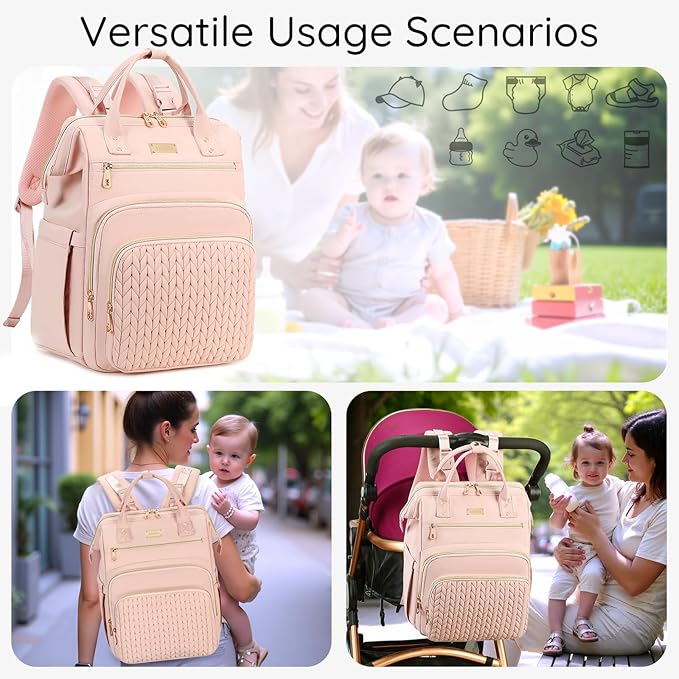 AIJIEKE Diaper Bag, Large Wide-Open Baby Diaper Backpack, Multi-functional Baby Travel Tote Bag, Diaper Bag with Changing Pad, Diaper Bags for Mom & Maternity (Pink)