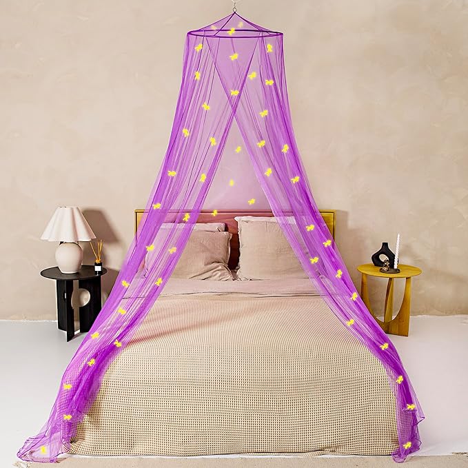 Purple Canopy for Girls Bed with Pre-Glued Glow in The Dark Unicorns - Princess Mosquito Net Room Decor - Kids & Baby Bedroom Tent with Galaxy Lights - 1 Opening Canopy Bed & Hanging Kit Included