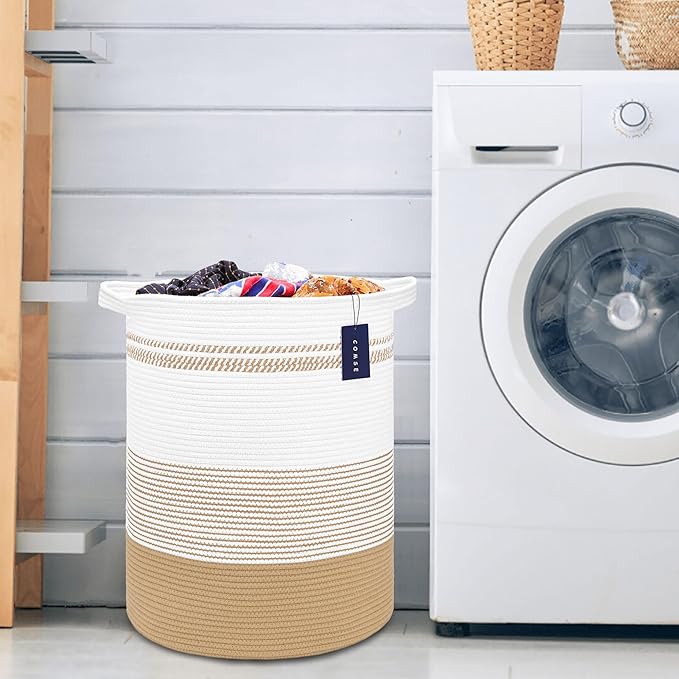 COMSE Extra Large Blanket Basket, Tall Laundry Basket, Nursery Hamper, 15.7”x 21.7”, Cotton Rope Woven Laundry Hamper for Storage Toys Clothes Towels, Brown & White