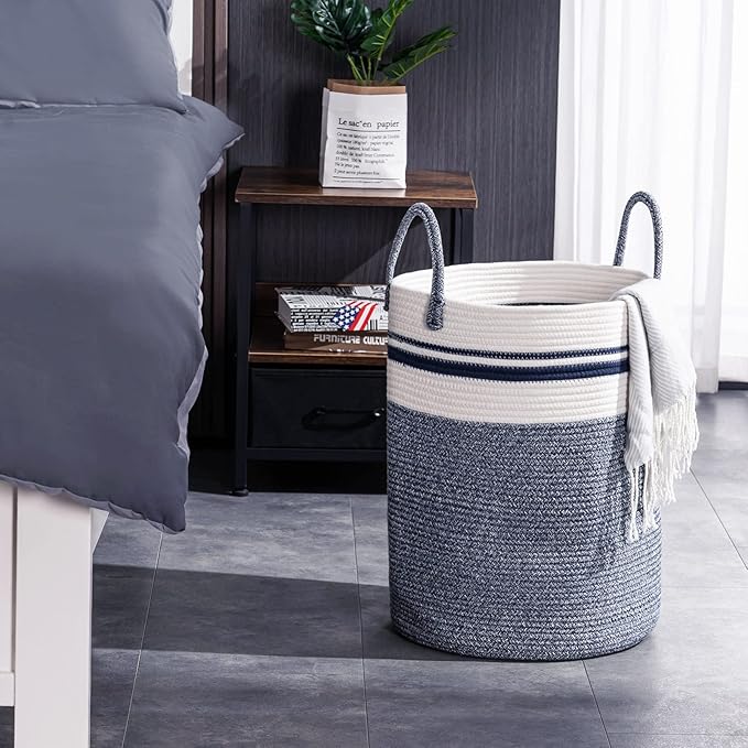 YOUDENOVA Woven Rope Laundry Hamper Basket, 72L Tall Laundry Basket, Baby Nursery Hamper for Blanket Storage in Bedroom-Large-Blue