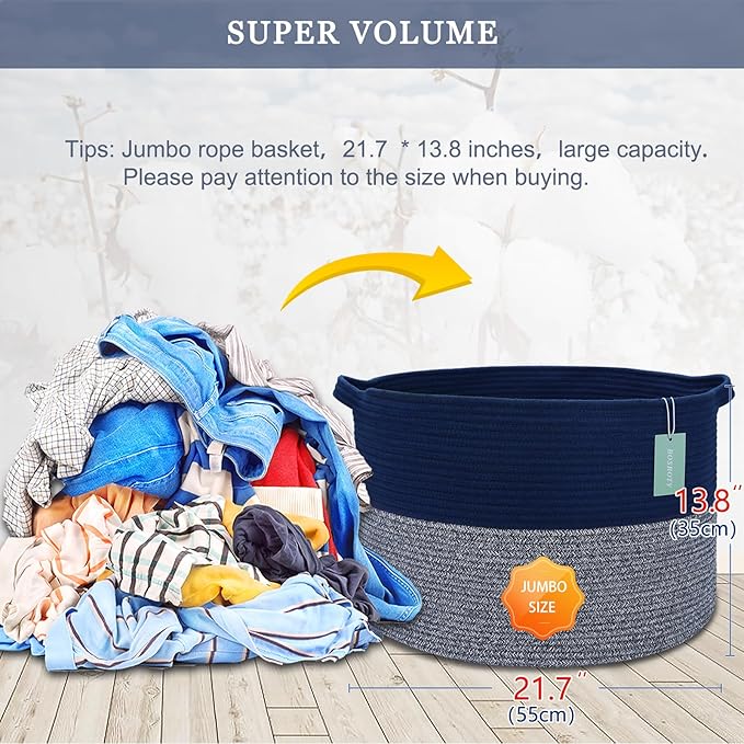 Extra Large Blanket Basket 87L, Laundry Hamper, Baby Nursery Hamper for Storage Toys Clothes Towels, Large Cotton Rope Laundry Basket for Girls Boys, 22”x 14”, Navy Blue