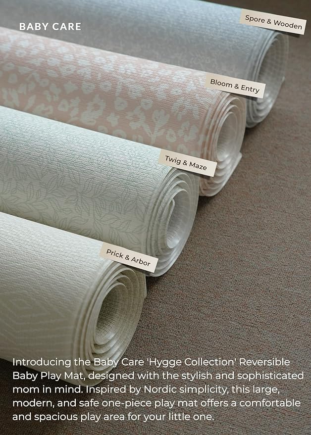 Baby Care Play Mat (Medium, Hygge - Spore & Wooden) 73’’ x 49’’ Original One-Piece Reversible Rollable Waterproof Play Mat for Infants, Babies, Toddler, and Kids