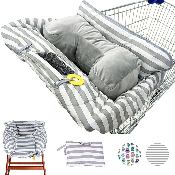 Suessie Shopping Cart Cover and High Chair Cover with Bolster Support Pillow (Gray and White Stripe with Cushion)