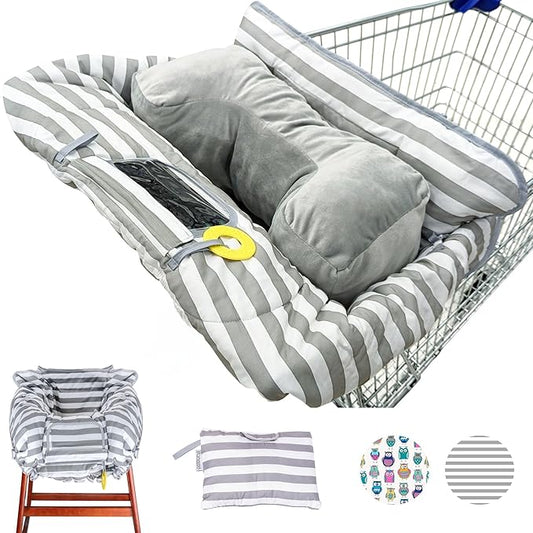 Suessie Shopping Cart Cover and High Chair Cover with Bolster Support Pillow (Gray and White Stripe with Cushion)