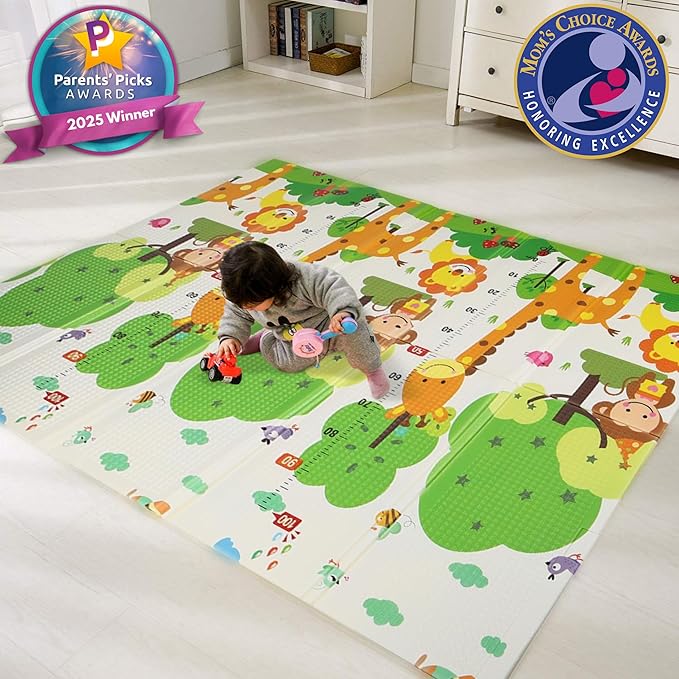 Bammax X-Large Waterproof Foam Padded Baby Play Mat | 1 cm thick Safe Foam Reversible & Foldable | 70" x 78" | Use as Baby Crawling Mat or Kids Play Mat for Floor - Giraffe & Mixed Animals