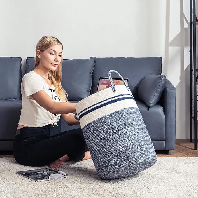 Woven Rope Laundry Hamper Basket by YOUDENOVA, 58L Tall Luandry Basket, Baby Nursery Hamper for Blanket Storage in Bedroom-Large-Blue