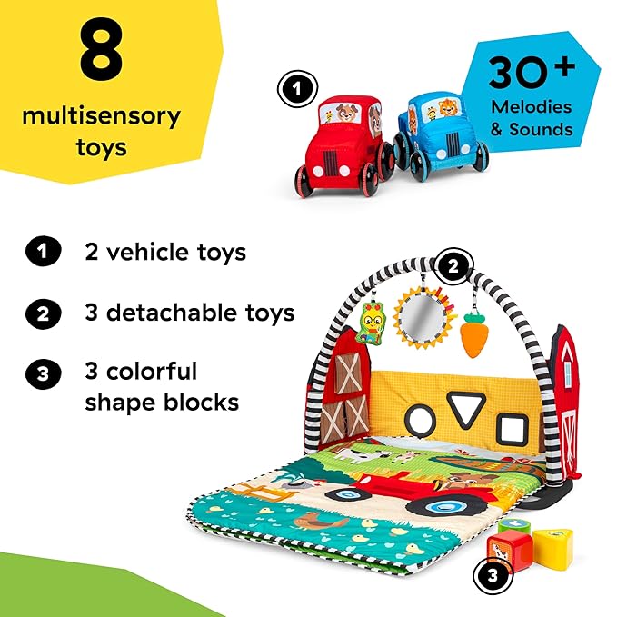 Baby Einstein Busy Barnyard Grow with Me Baby Play Gym - Extra Large Soft Play Mat with 8 Removable Toys Including 30+ Songs & Sounds to Support Motor Skills, Ages 0+ Months