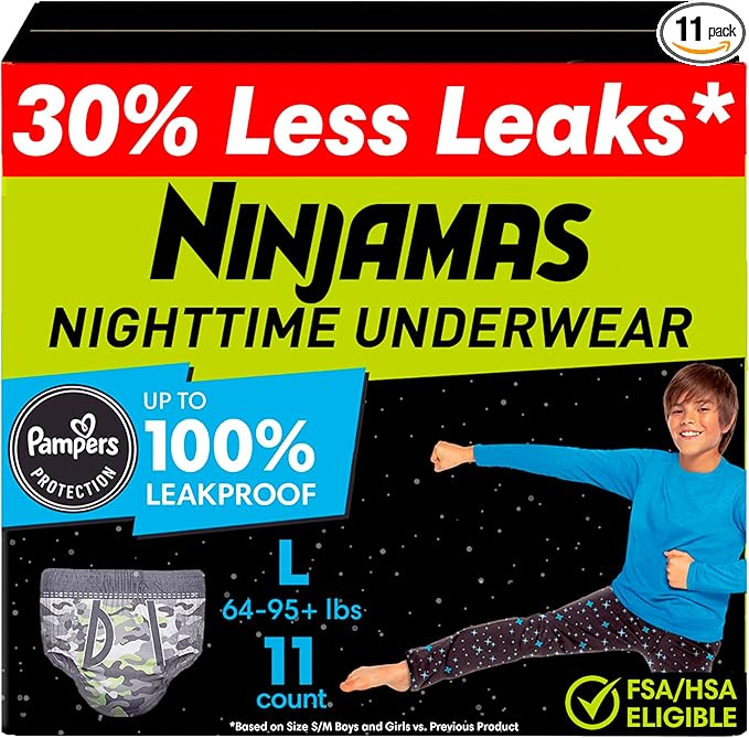 Ninjamas Boys Bedwetting Nighttime Underwear Boys - Size L (64-95+ lbs), 11 Count, Overnight Protection, Ultra Absorbent, Hypoallergenic