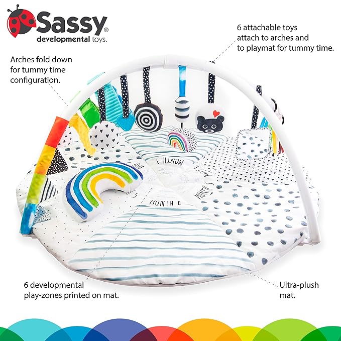Sassy Stages STEM Developmental Play Gym, Sensory Tummy Time Activity Play Mat w/Built-in Instructions, Ultra Plush & Machine Washable Playmat for Babies & Toddlers, 0+ Months