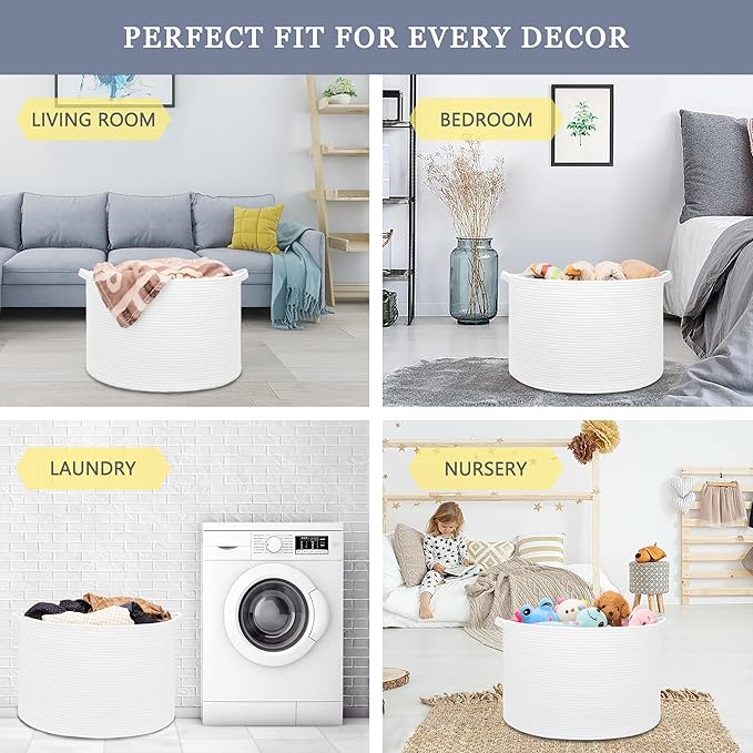 Extra Large Blanket Basket 87L, Laundry Hamper, Baby Nursery Hamper for Storage Toys Clothes Towels, Large Cotton Rope Laundry Basket for Girls Boys, 22”x 14”, White