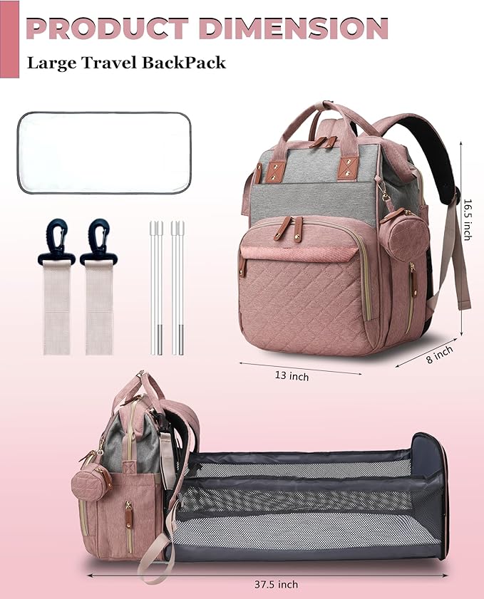 Diaper Bag with Changing Station, Waterproof 3 in 1 Baby Diaper Backpack with Foldable Changing Pad, Pink-Grey