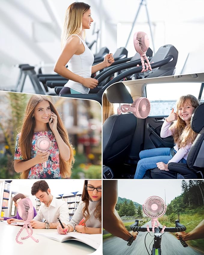 Stroller Fan Clip on for Baby, 4000mAh Rechargeable Battery Operated, Flexible Tripod, 3 Wind Speed, 360° Rotatable, Small Portable Fan for Car Seat Crib Backseat Beach Travel Camping, Pink