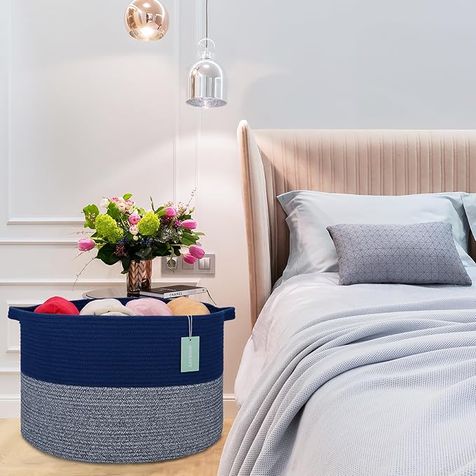 Extra Large Blanket Basket 87L, Laundry Hamper, Baby Nursery Hamper for Storage Toys Clothes Towels, Large Cotton Rope Laundry Basket for Girls Boys, 22”x 14”, Navy Blue