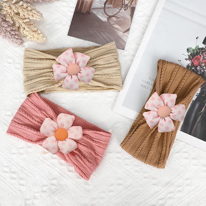 3 Pcs Baby Flower Headbands Baby Girls Nylon Headband Soft Hairbands Hair Accessories for Newborn Infant Toddler Kids (Khaki Brown Pink)