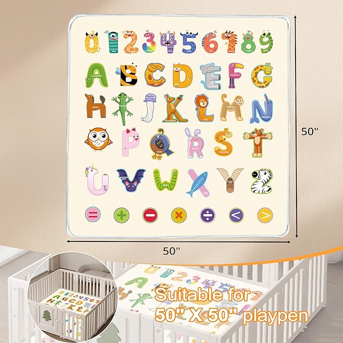 Baby Play Mat, 1-Inch Thick Foam 50" X 50" Playpen Mat,Waterproof & Non - Slip Playmat for Baby Play on Floor, Wipe - Clean, Ideal for Infants, Toddlers & Kids' Crawling and Tummy Time(Animal)