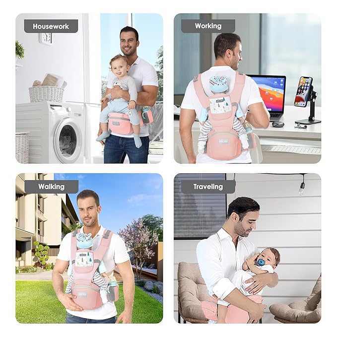 Baby Carrier Newborn to Toddler - Debark Baby Carrier with Hip Seat, 6 in 1 Lightweight and Detachable Infant Carrier for Babies from 0-36 Months, Ideal for Hands-Free Parenting(Pink)