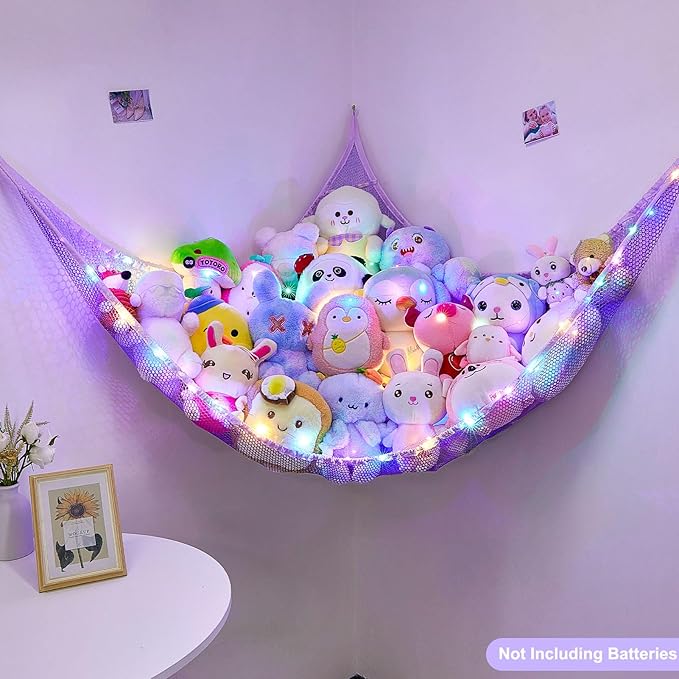 Unicorn Castle Stuffed Animals Net or Hammock Kids Toy Storage Organizer with LED Light Hanging Corner Stuffed Animals Holder Kids Girls Room Decor (Pack of 1)