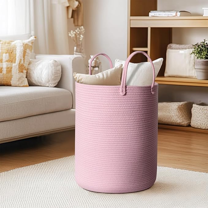 Large Pink Laundry Basket, 15"x18" Tall Blanket Storage for Living Room, Woven Cotton Rope Laundry Hamper for Girls Baby, Pink Room Decor Aesthetic, Decorative Clothes Hamper for Towels Toys