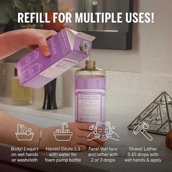 Dr. Bronner's Pure-Castile Liquid Magic Soap Bottle & Refill Carton - Made with Regenerative Organic Certified Oils, 86% Less Plastic per Quart - For Face, Body Wash, Hand Soap Refill- Lavender, 32oz