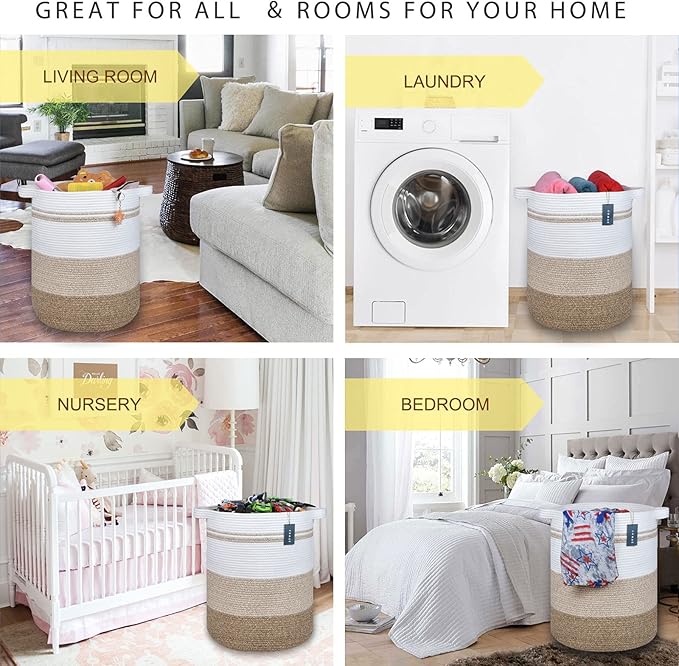 COMSE Extra Large Blanket Basket, Tall Laundry Basket, Nursery Hamper, 15.7”x 21.7”, Cotton Rope Woven Laundry Hamper for Storage Toys Clothes Towels, Gradient Brown