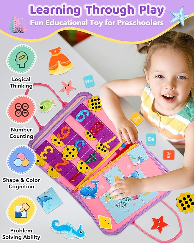 Toddler Busy Board, Montessori Toys for 1 2 3 Year Old Girl Birthday Gifts - Educational Busy Book, Kids Sensory Toy, Preschool Learning Activities and Travel Toys for Toddlers 1-3 2-4