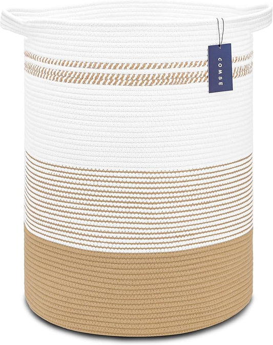 COMSE Extra Large Blanket Basket, Tall Laundry Basket, Nursery Hamper, 15.7”x 21.7”, Cotton Rope Woven Laundry Hamper for Storage Toys Clothes Towels, Brown & White