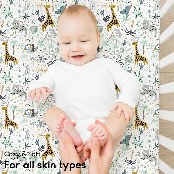 Yoofoss Pack and Play Sheets Fitted, Mini Crib Sheets 2-Pack for Pack N Play Mattress, Stretchy Playard Sheet, Soft and Breathable Green+Giraff