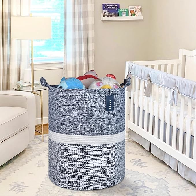 COMSE Extra Large Blanket Basket, Tall Woven Storage Basket, Nursery Hamper, 15.7”x 21.7”, Cotton Rope Laundry Hamper for Toys Clothes Towels, Blend Navy Blue/White