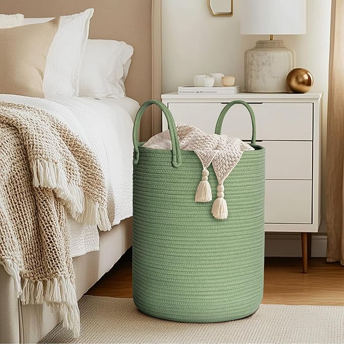 Large Green Laundry Basket, 15"x18" Tall Woven Cotton Rope Bin for Blankets Clothes, Baby Nursery Laundry Hamper, Kids Toy Storage Bin, Green Living Room Bedroom Decor Baskets for Organizing
