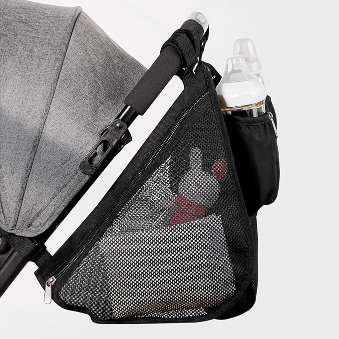 SUNVENO 2-in-1 Universal Stroller Organizer, Insulated Cup Holders, Zippered Phone/Wristlet Pocket, Side Sling Mesh Cargo, Adjustable Non-Slip Straps, Fits Most & Umbrella Strollers, Black