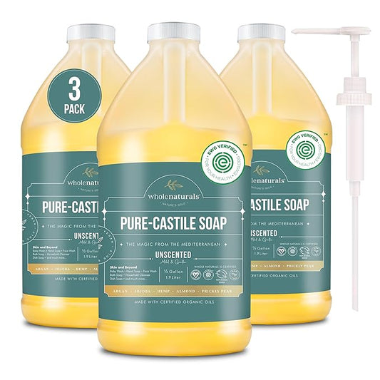 Pure Castile Soap Liquid, EWG Verified & Certified Palm Oil Free Unscented, Natural, Mild & Gentle Non-gmo & Vegan - Organic Body Wash, Laundry, Pet/Dog and Baby Soap -Pack of 3 w/pump