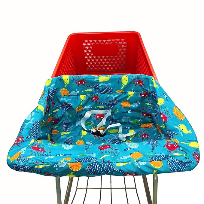 Portable Shopping Cart Cover, High Chair and Grocery Cart Covers for Babies, Kids, Infants & Toddlers, Attached Carry Bag (Blue Seaworld)