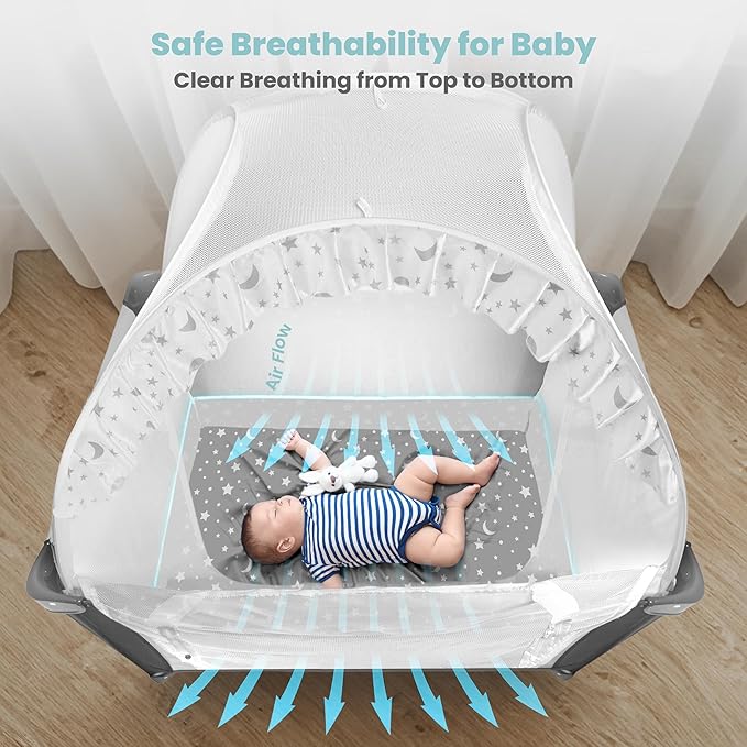 Premium Pack n Play Tent, Mini Crib Tent to Keep Baby from Climbing Out, Auto Pop Up Pack and Play Tent with Auto-Lock Zippers, Thick Velvety Breathable Mesh (Stars & Moons - Ruffles)