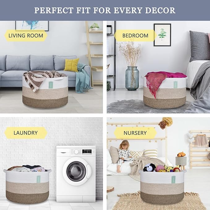 Extra Large Blanket Basket 87L, Laundry Hamper, Baby Nursery Hamper for Storage Toys Clothes Towels, Large Cotton Rope Laundry Basket for Girls Boys, 22”x 14”, White & Gradient Brown