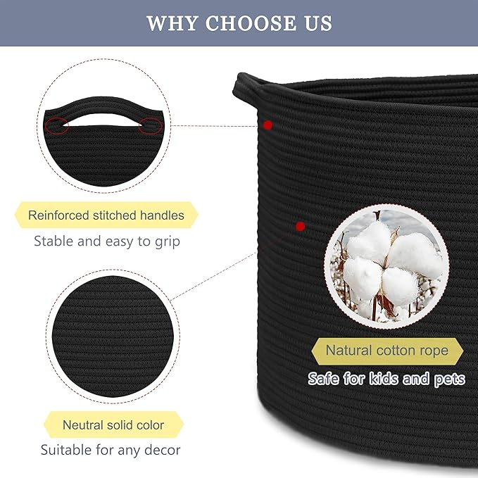 Extra Large Blanket Basket 87L, Laundry Hamper, Baby Nursery Hamper for Storage Toys Clothes Towels, Large Cotton Rope Laundry Basket for Girls Boys, 22”x 14”, Black