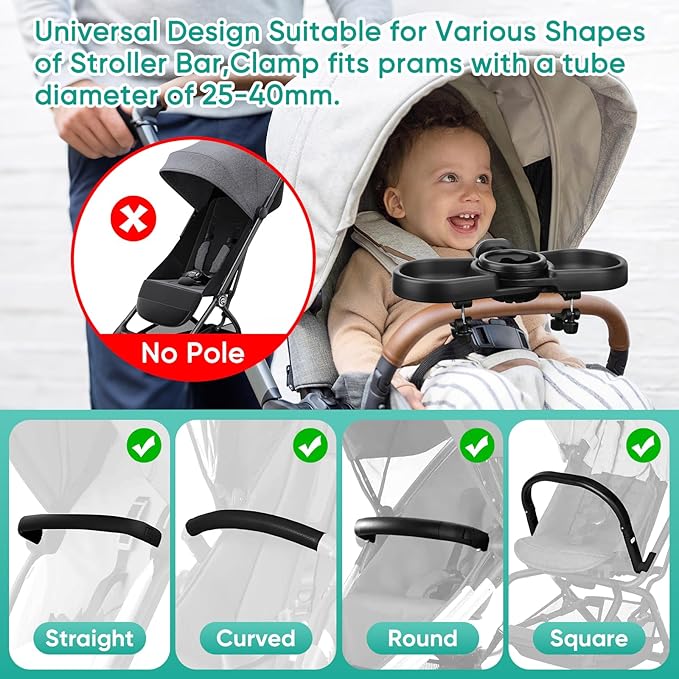 Universal Stroller Snack Tray, 4 in 1 Stroller Tray Attachment with Cups Phone Holder for Baby Toddler Stroller, 360° Rotation Universal Stroller Tray Compatible with Uppababy, Baby Jogger, etc