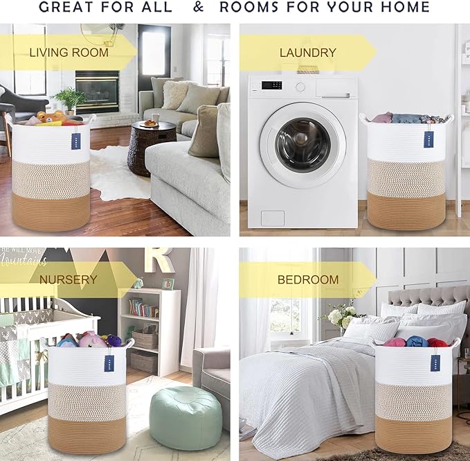 COMSE Extra Large Blanket Basket, Tall Woven Storage Basket, Nursery Hamper, 15.7”x 21.7”, Cotton Rope Laundry Hamper for Toys Clothes Towels, White/Camel