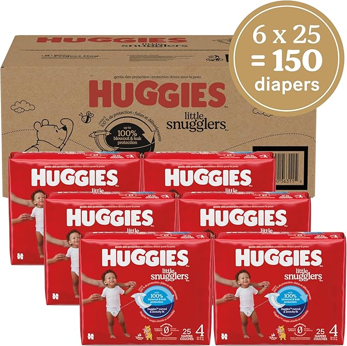 Huggies Size 4 Diapers, Little Snugglers Baby Diapers, Size 4 (22-37 lbs), 150 Count (6 Packs of 25), Packaging May Vary