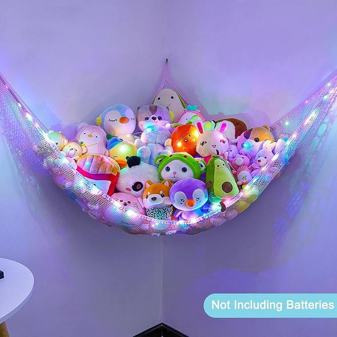 Unicorn Castle Stuffed Animals Net or Hammock Kids Toy Storage Organizer with LED Light Hanging Corner Stuffed Animals Holder Kids Girls Room Decor (Pack of 1)